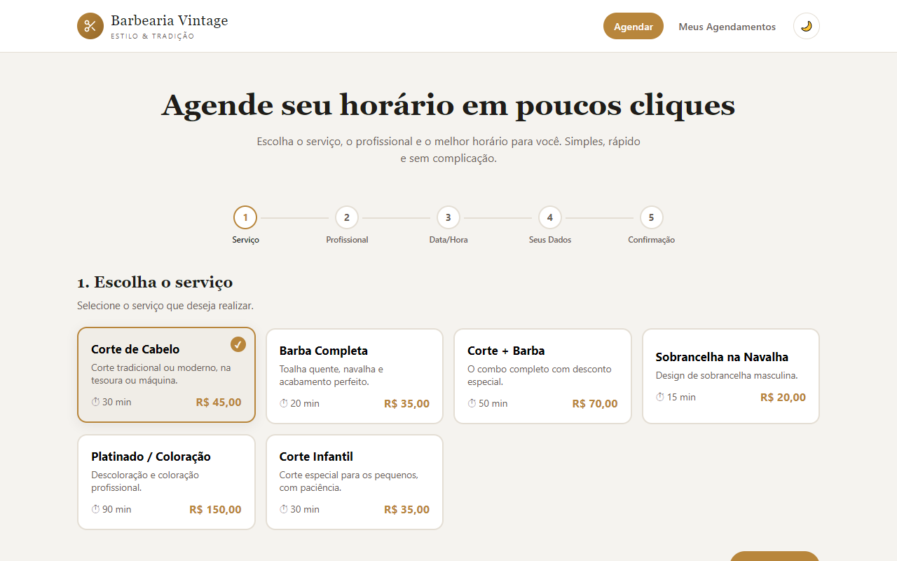Tela do projeto Agendamento online para barbearia: passo 1 do agendamento, com os serviços e preços e o corte de cabelo selecionado.