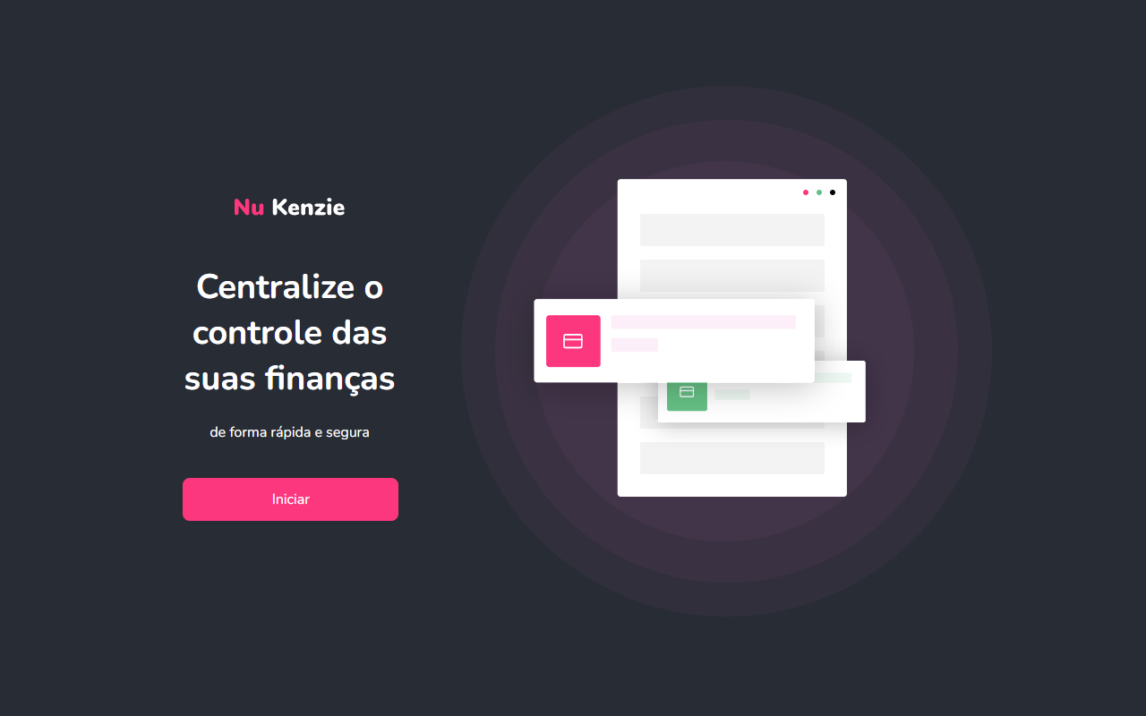 Tela do projeto Controle financeiro: página inicial com o título Centralize o controle das suas finanças e o botão Iniciar.
